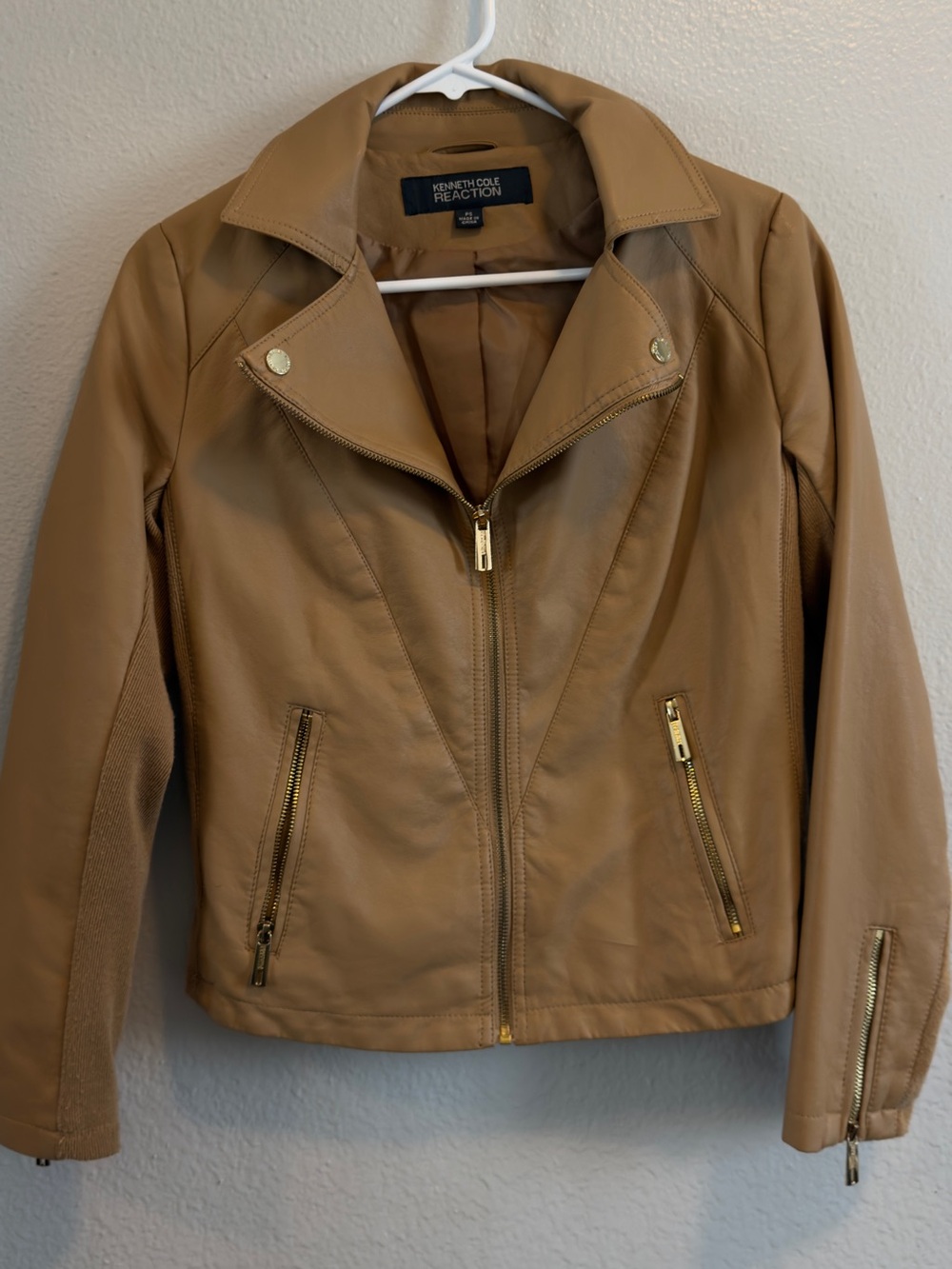 Kenneth Cole Reaction Camel/Tan Faux Leather Moto Jacket with Gold Hardware